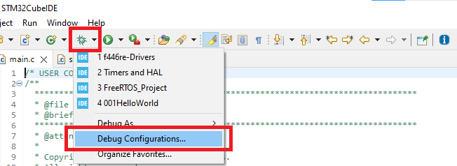 STm32CubeIDE open debug configuration